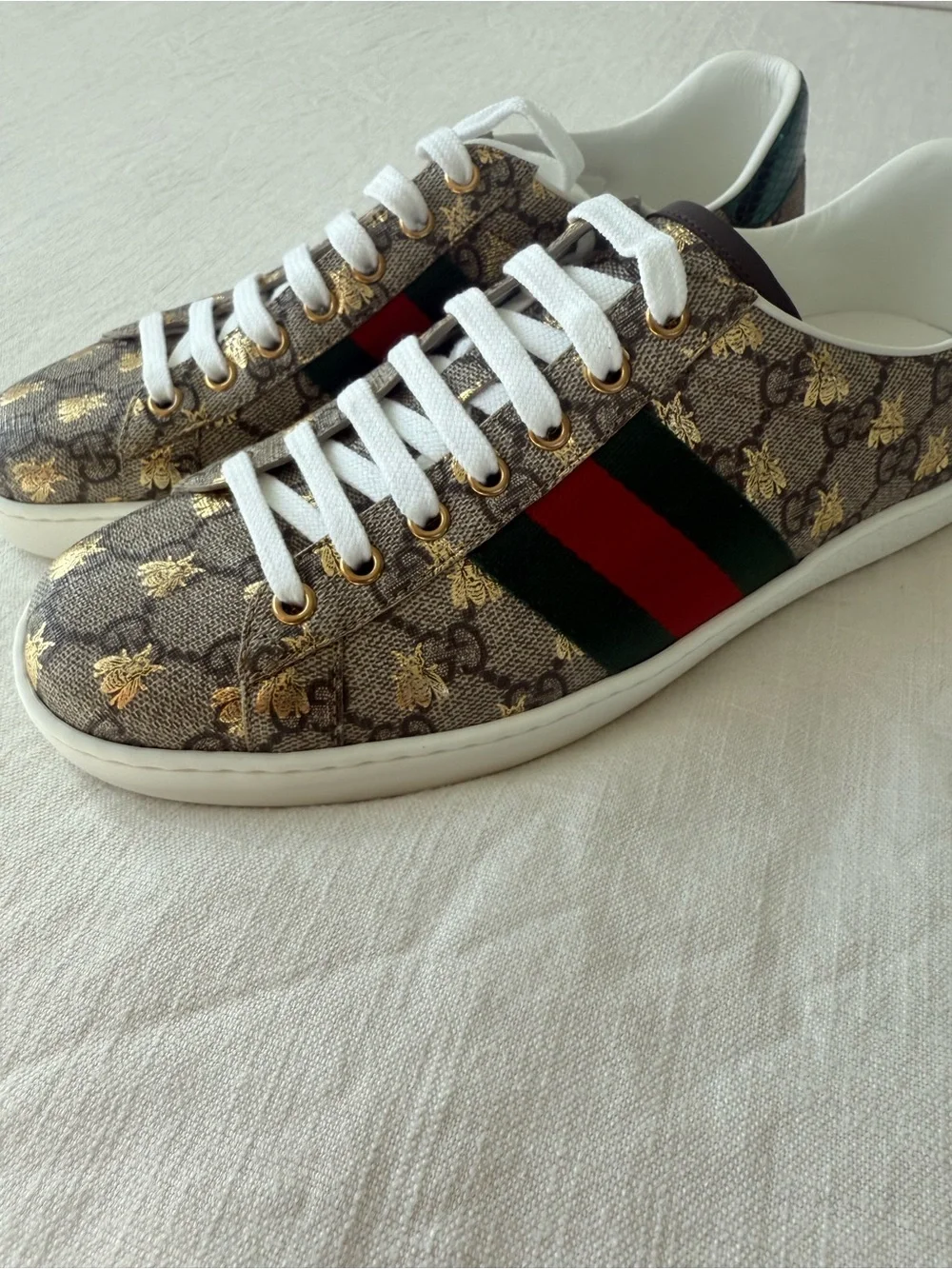 Gucci Men’s GG Supreme Sneaker with Red and Green Web and Gold Bee Motif